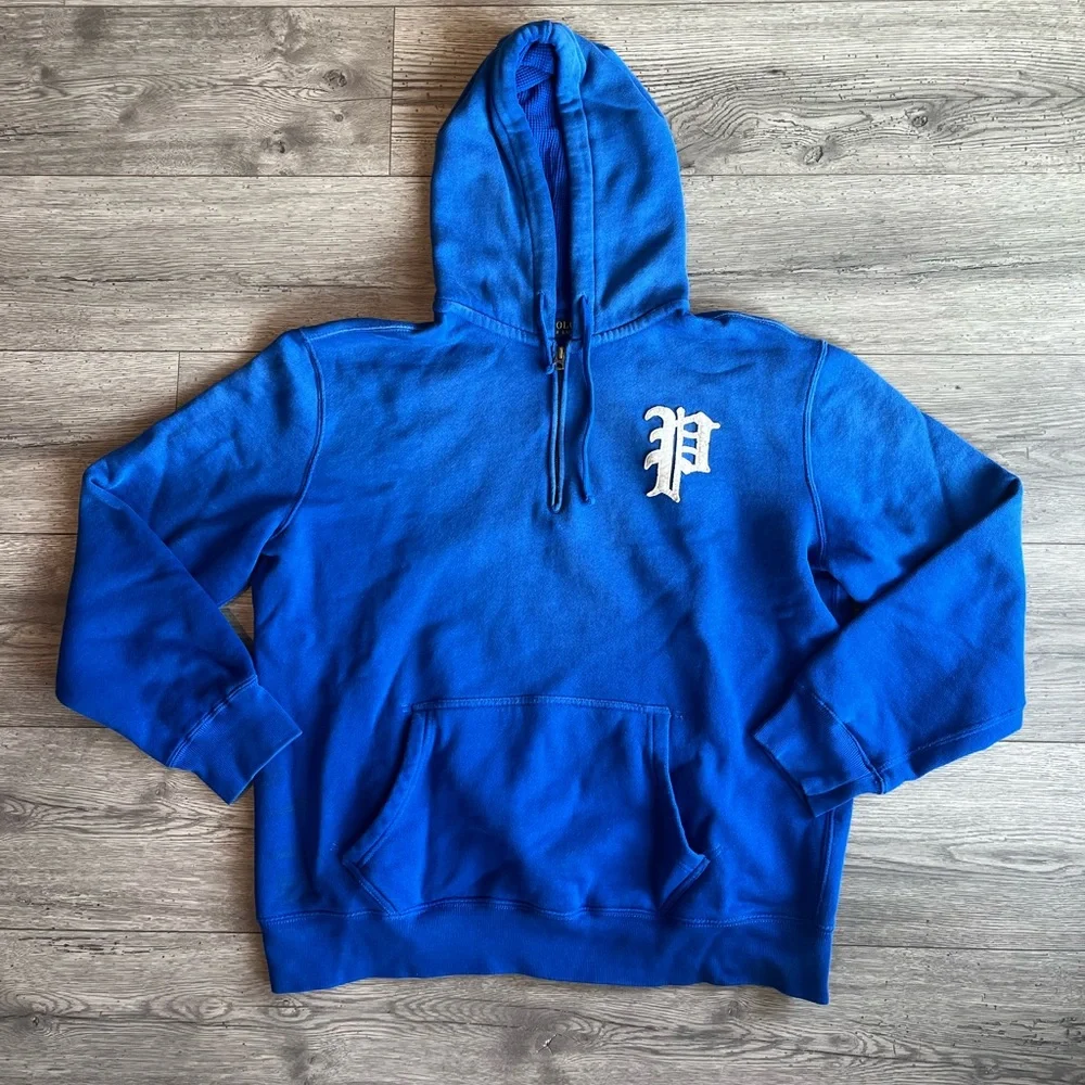 Polo Ralph Lauren Men’s Quarter Zip Hooded Sweatshirt Blue White Ombré P Logo XL